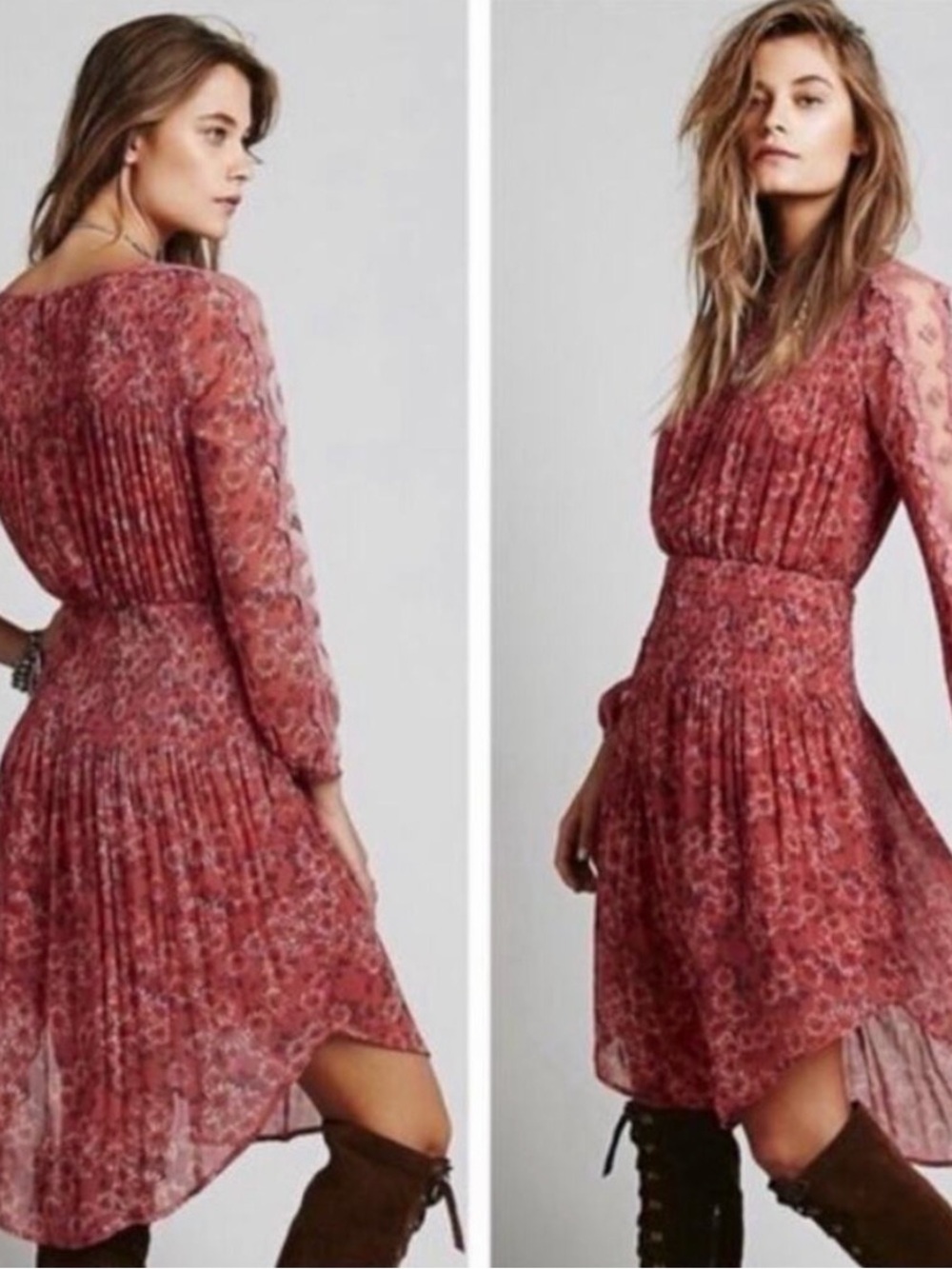 Free People Dusty Rose Colored Floral High-Low Midi Dress